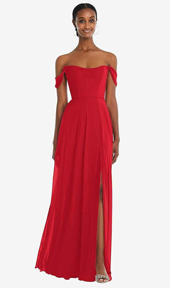 Front View - Parisian Red Off-the-Shoulder Basque Neck Maxi Dress with Flounce Sleeves