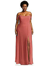Alt View 1 Thumbnail - Coral Pink Off-the-Shoulder Basque Neck Maxi Dress with Flounce Sleeves