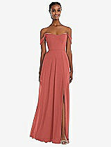 Front View Thumbnail - Coral Pink Off-the-Shoulder Basque Neck Maxi Dress with Flounce Sleeves