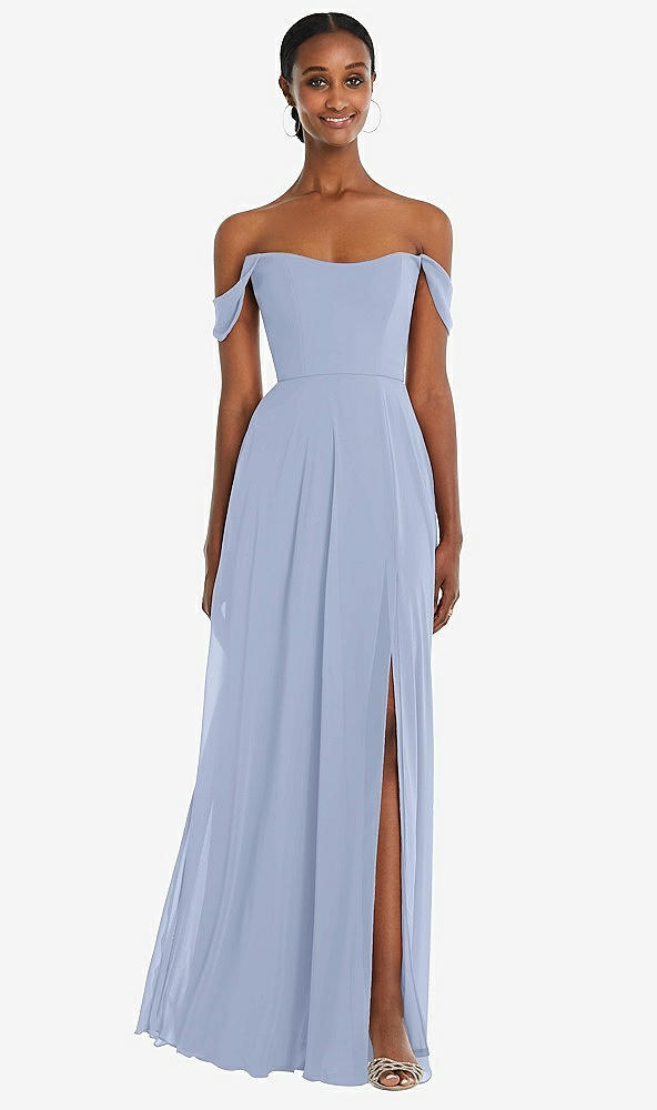 Front View - Sky Blue Off-the-Shoulder Basque Neck Maxi Dress with Flounce Sleeves