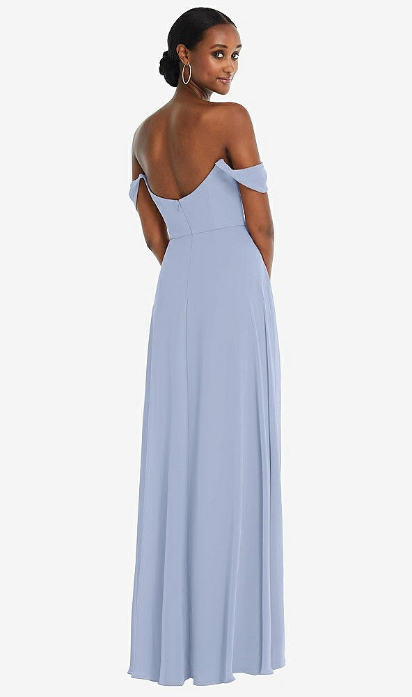 Back View - Sky Blue Off-the-Shoulder Basque Neck Maxi Dress with Flounce Sleeves