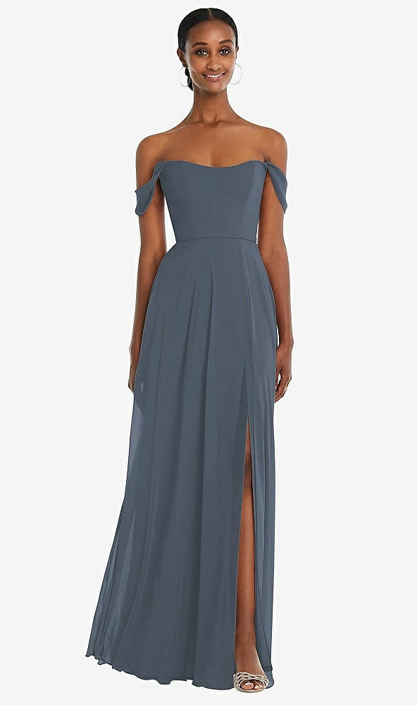 Front View - Silverstone Off-the-Shoulder Basque Neck Maxi Dress with Flounce Sleeves
