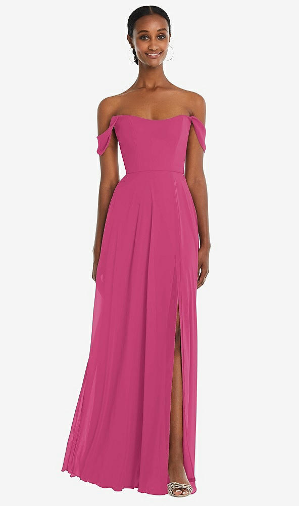 Front View - Tea Rose Off-the-Shoulder Basque Neck Maxi Dress with Flounce Sleeves