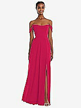 Front View Thumbnail - Vivid Pink Off-the-Shoulder Basque Neck Maxi Dress with Flounce Sleeves
