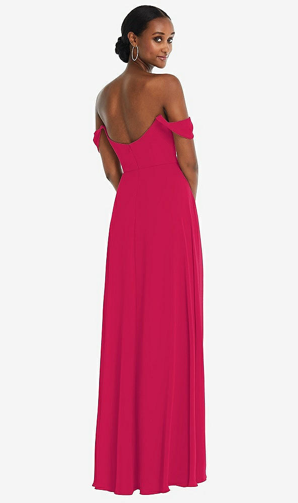 Back View - Vivid Pink Off-the-Shoulder Basque Neck Maxi Dress with Flounce Sleeves
