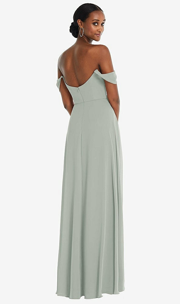Back View - Willow Green Off-the-Shoulder Basque Neck Maxi Dress with Flounce Sleeves
