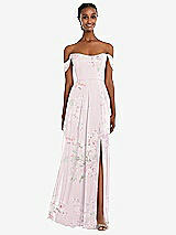 Front View Thumbnail - Watercolor Print Off-the-Shoulder Basque Neck Maxi Dress with Flounce Sleeves