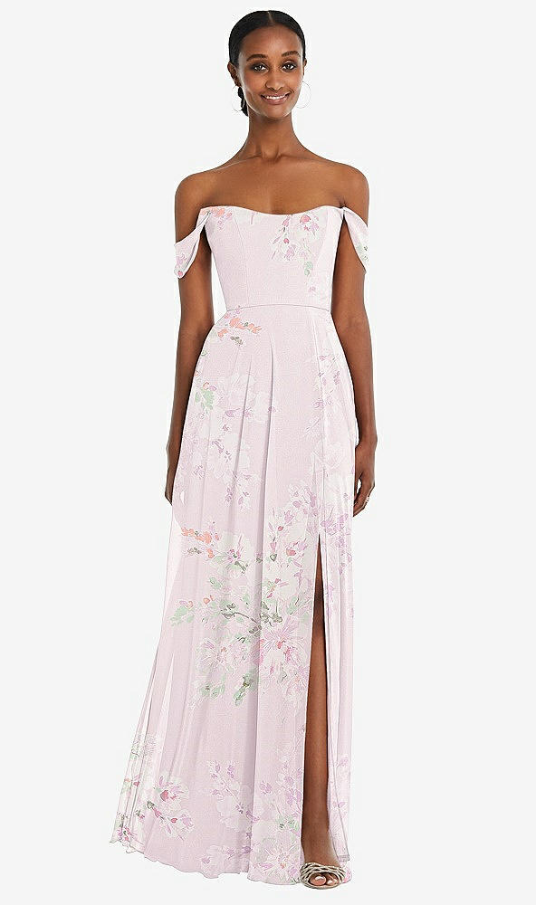Front View - Watercolor Print Off-the-Shoulder Basque Neck Maxi Dress with Flounce Sleeves