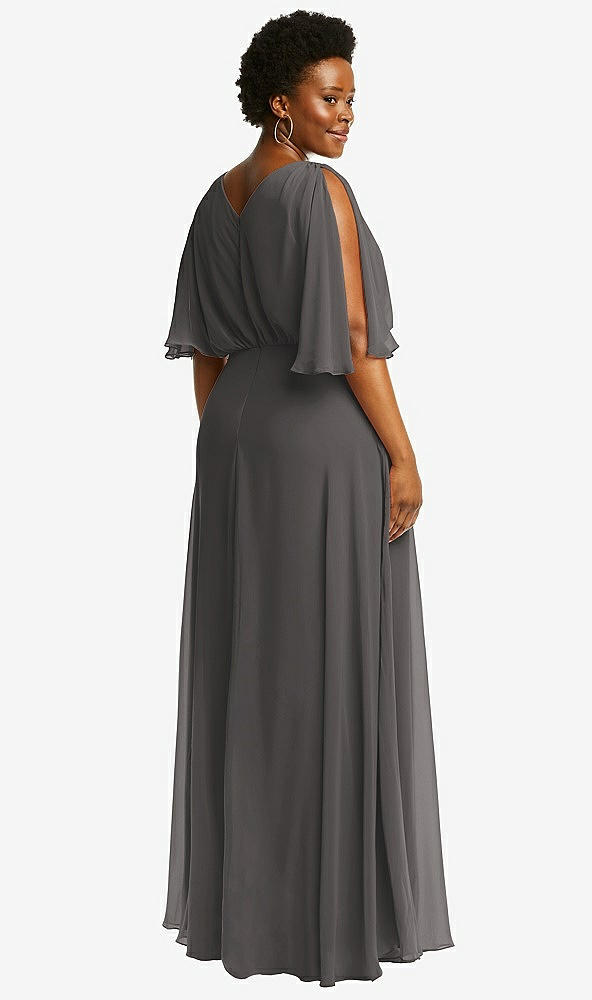 Back View - Caviar Gray V-Neck Split Sleeve Blouson Bodice Maxi Dress
