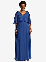Front View Thumbnail - Classic Blue V-Neck Split Sleeve Blouson Bodice Maxi Dress