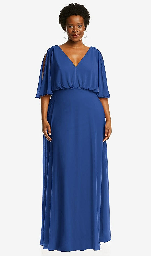 Front View - Classic Blue V-Neck Split Sleeve Blouson Bodice Maxi Dress