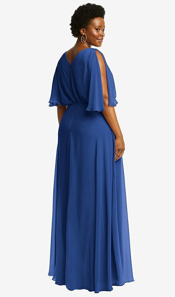 Back View - Classic Blue V-Neck Split Sleeve Blouson Bodice Maxi Dress