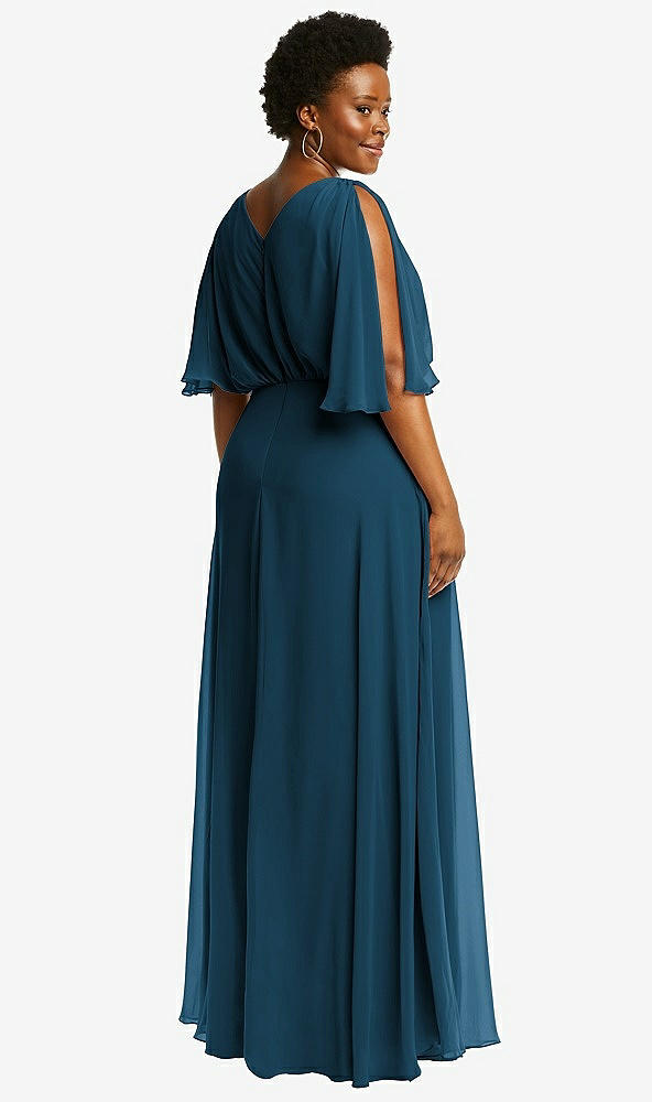 Back View - Atlantic Blue V-Neck Split Sleeve Blouson Bodice Maxi Dress