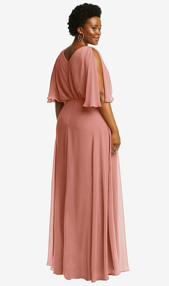 Back View - Desert Rose V-Neck Split Sleeve Blouson Bodice Maxi Dress