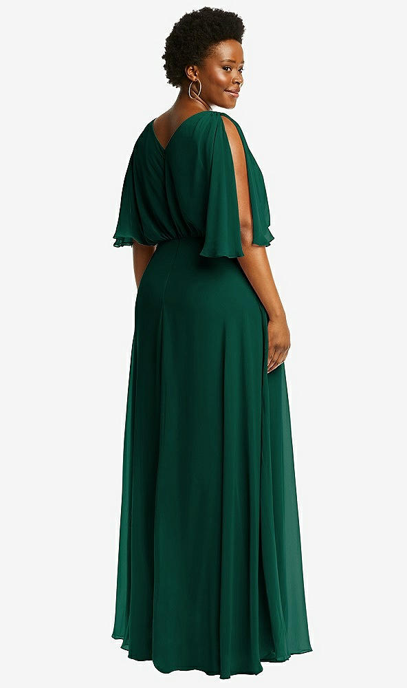 Back View - Hunter Green V-Neck Split Sleeve Blouson Bodice Maxi Dress