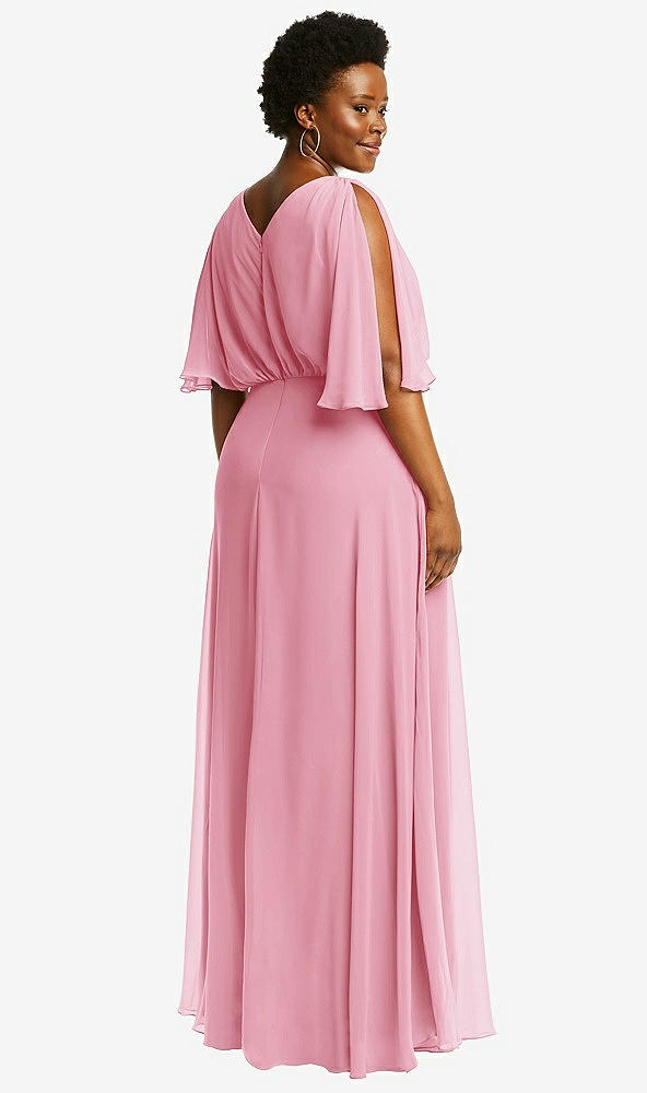 Back View - Peony Pink V-Neck Split Sleeve Blouson Bodice Maxi Dress