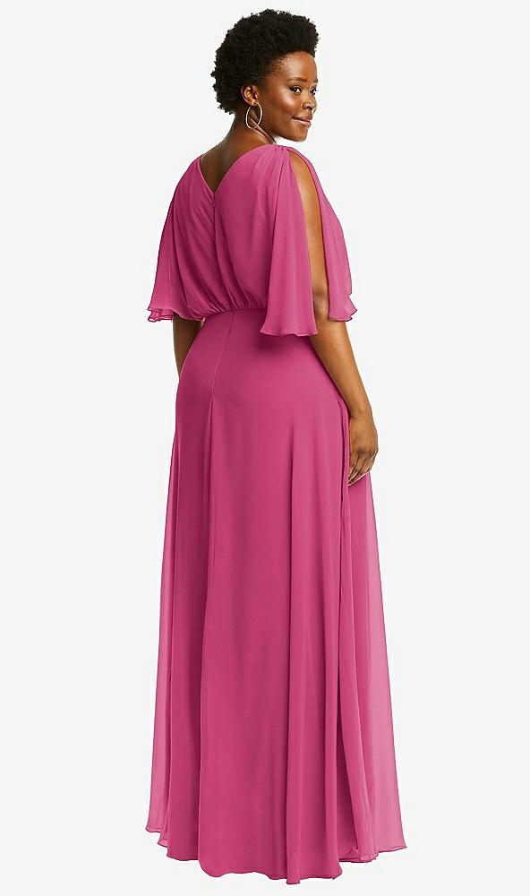 Back View - Tea Rose V-Neck Split Sleeve Blouson Bodice Maxi Dress
