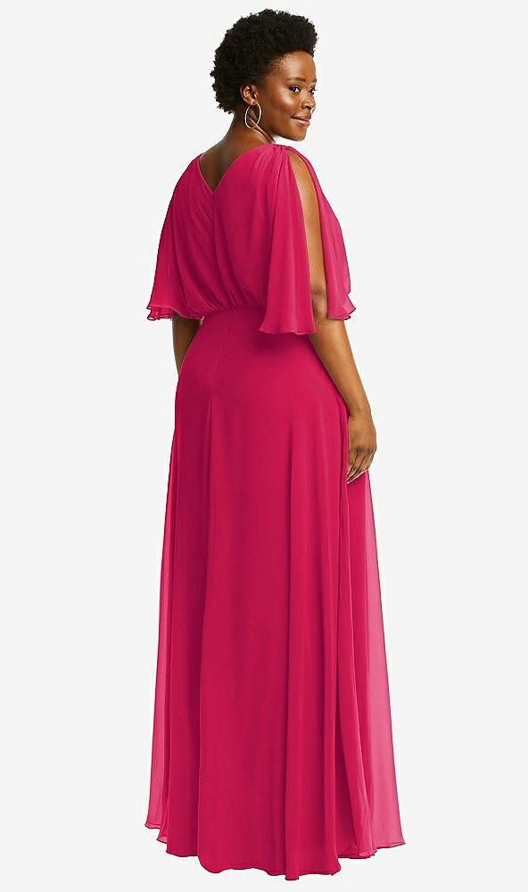 Back View - Vivid Pink V-Neck Split Sleeve Blouson Bodice Maxi Dress