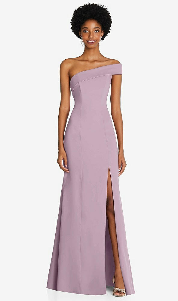 Front View - Suede Rose Asymmetrical Off-the-Shoulder Cuff Trumpet Gown With Front Slit