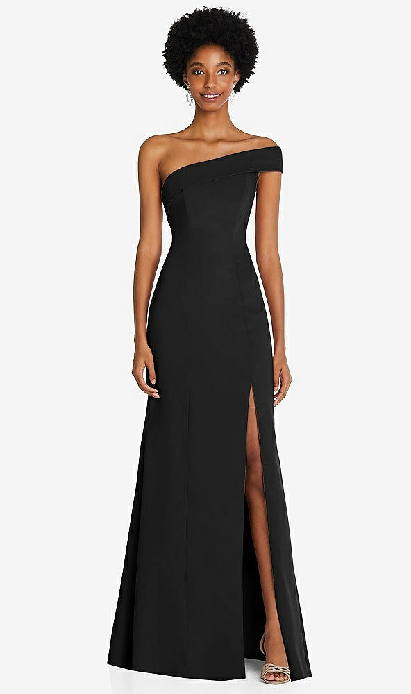 Front View - Black Asymmetrical Off-the-Shoulder Cuff Trumpet Gown With Front Slit