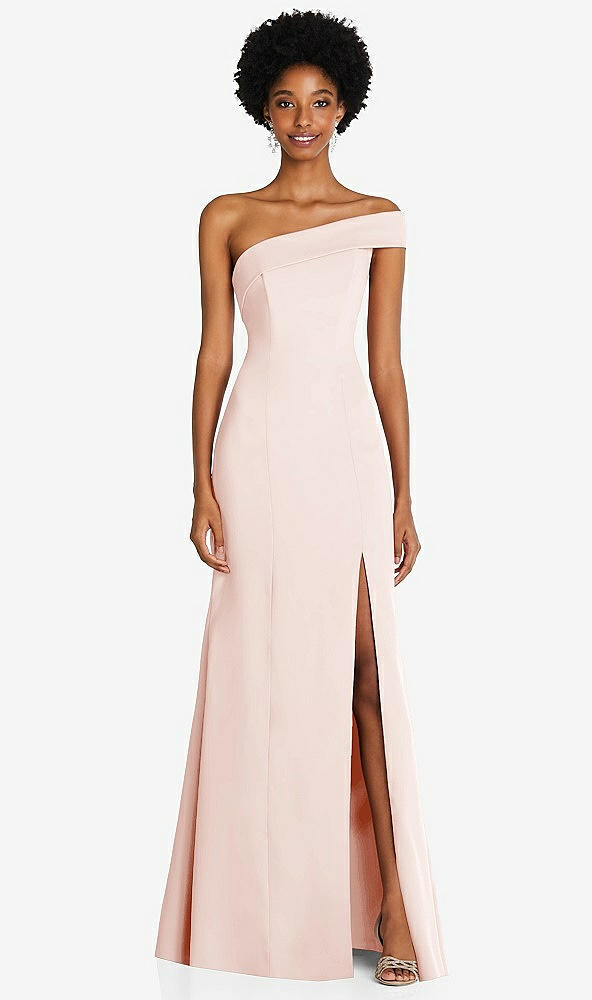 Front View - Blush Asymmetrical Off-the-Shoulder Cuff Trumpet Gown With Front Slit