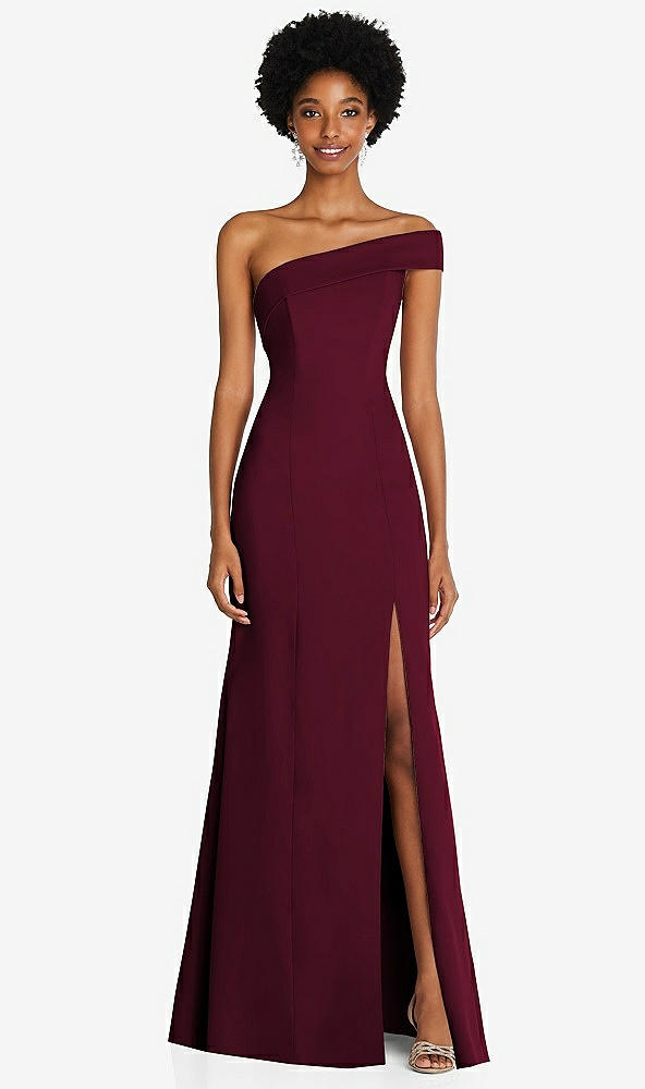 Front View - Cabernet Asymmetrical Off-the-Shoulder Cuff Trumpet Gown With Front Slit