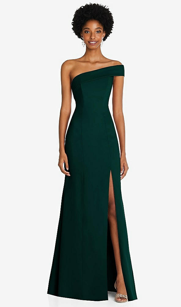 Front View - Evergreen Asymmetrical Off-the-Shoulder Cuff Trumpet Gown With Front Slit