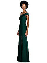 Side View Thumbnail - Evergreen Asymmetrical Off-the-Shoulder Cuff Trumpet Gown With Front Slit