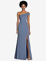 Front View Thumbnail - Larkspur Blue Asymmetrical Off-the-Shoulder Cuff Trumpet Gown With Front Slit