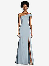 Front View Thumbnail - Mist Asymmetrical Off-the-Shoulder Cuff Trumpet Gown With Front Slit