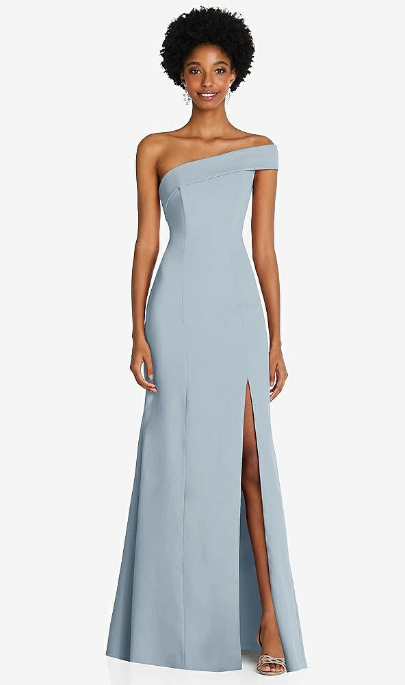 Front View - Mist Asymmetrical Off-the-Shoulder Cuff Trumpet Gown With Front Slit
