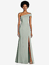 Front View Thumbnail - Willow Green Asymmetrical Off-the-Shoulder Cuff Trumpet Gown With Front Slit