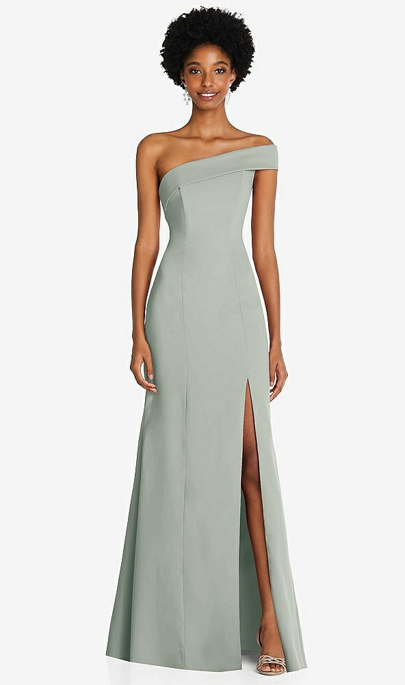 Front View - Willow Green Asymmetrical Off-the-Shoulder Cuff Trumpet Gown With Front Slit