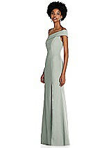 Side View Thumbnail - Willow Green Asymmetrical Off-the-Shoulder Cuff Trumpet Gown With Front Slit