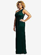 Side View Thumbnail - Evergreen One-Shoulder Draped Twist Empire Waist Trumpet Gown