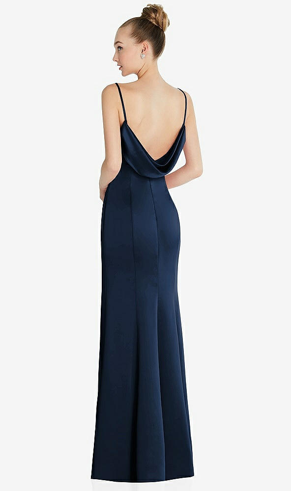 Front View - Midnight Navy Draped Cowl-Back Princess Line Dress with Front Slit