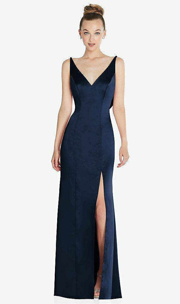 Back View - Midnight Navy Draped Cowl-Back Princess Line Dress with Front Slit
