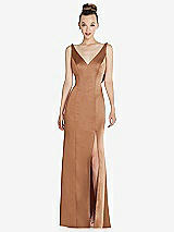Rear View Thumbnail - Toffee Draped Cowl-Back Princess Line Dress with Front Slit