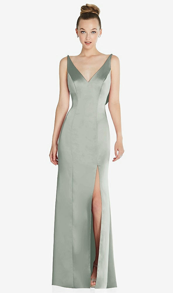 Back View - Willow Green Draped Cowl-Back Princess Line Dress with Front Slit