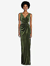 Front View Thumbnail - Olive Green Draped Skirt Faux Wrap Velvet Maxi Dress