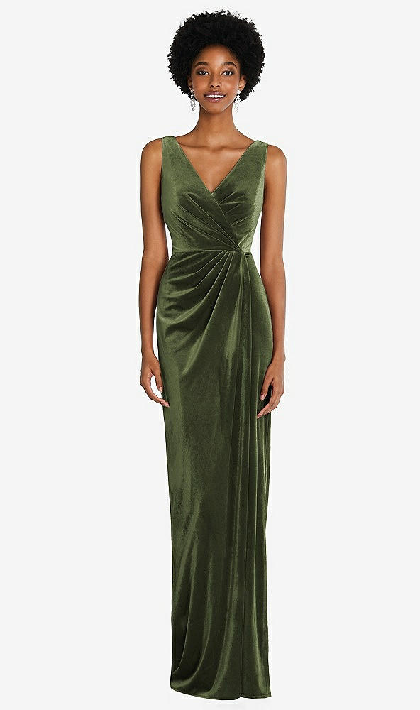 Front View - Olive Green Draped Skirt Faux Wrap Velvet Maxi Dress