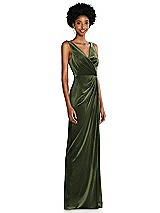 Side View Thumbnail - Olive Green Draped Skirt Faux Wrap Velvet Maxi Dress