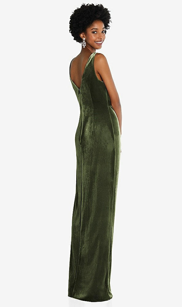 Back View - Olive Green Draped Skirt Faux Wrap Velvet Maxi Dress