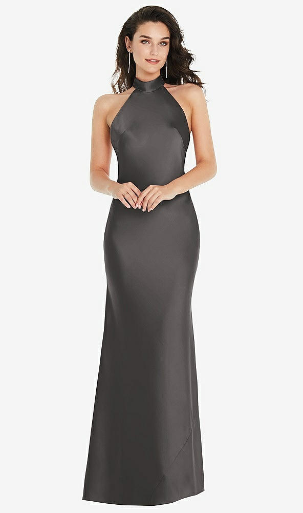 Front View - Caviar Gray Scarf Tie High-Neck Halter Maxi Slip Dress