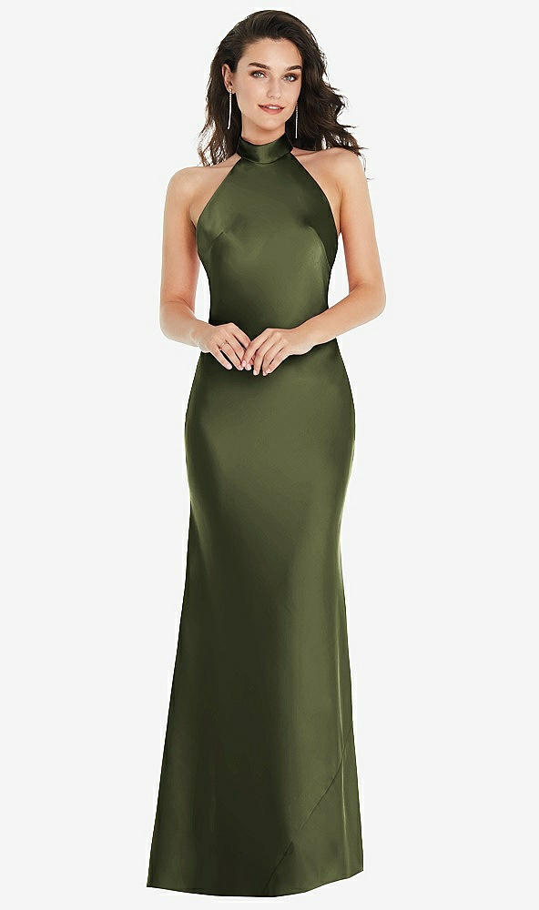 Front View - Olive Green Scarf Tie High-Neck Halter Maxi Slip Dress