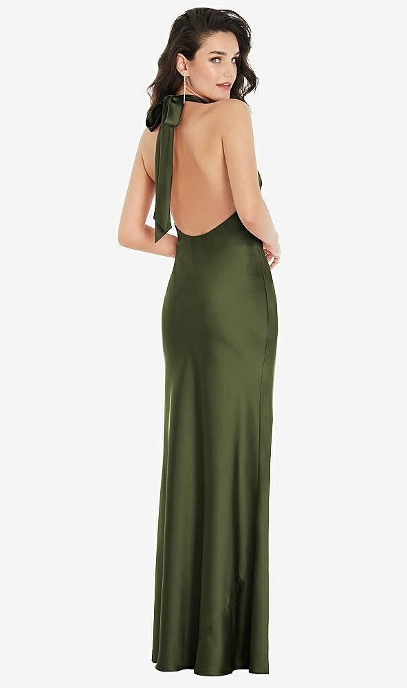 Back View - Olive Green Scarf Tie High-Neck Halter Maxi Slip Dress