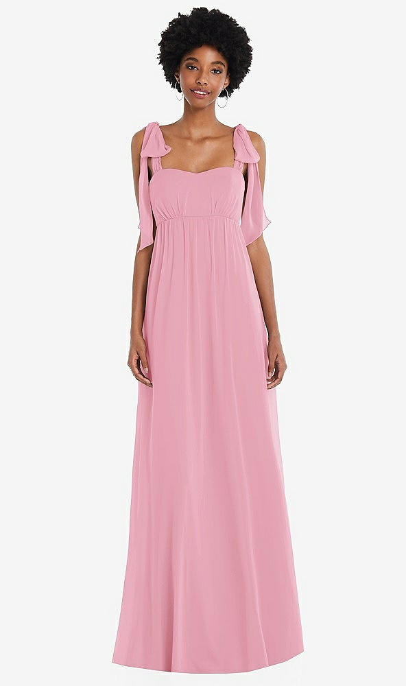 Front View - Peony Pink Convertible Tie-Shoulder Empire Waist Maxi Dress