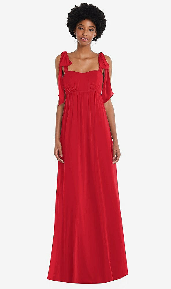 Front View - Parisian Red Convertible Tie-Shoulder Empire Waist Maxi Dress