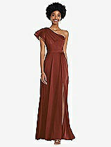 Front View Thumbnail - Auburn Moon Draped One-Shoulder Flutter Sleeve Maxi Dress with Front Slit
