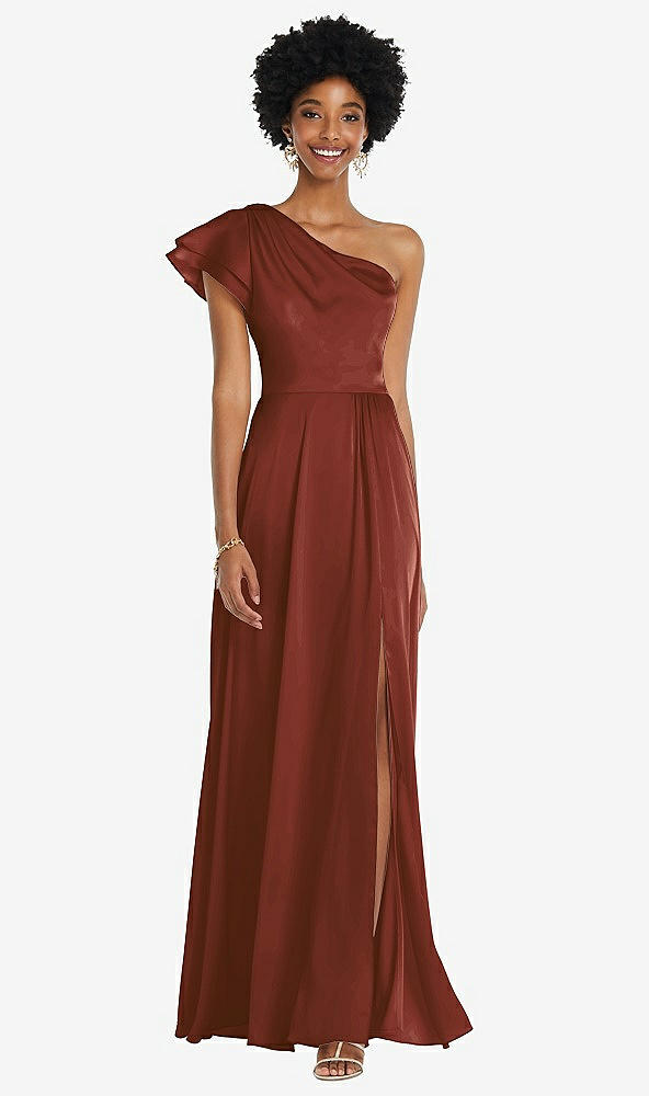 Front View - Auburn Moon Draped One-Shoulder Flutter Sleeve Maxi Dress with Front Slit